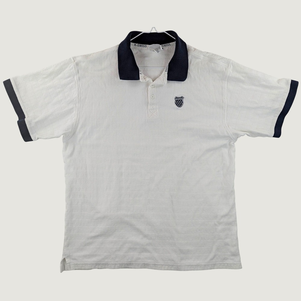 K-Swiss Classic Polo Shirt Mens XL White Navy Textured Cotton Short Sleeve